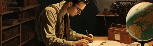 man at desk in 1940s writing in ledgers